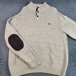 Chaps Sweater Mens 2XL Beige Henley Mock Neck Elbow Patch Knit Pullover Casual